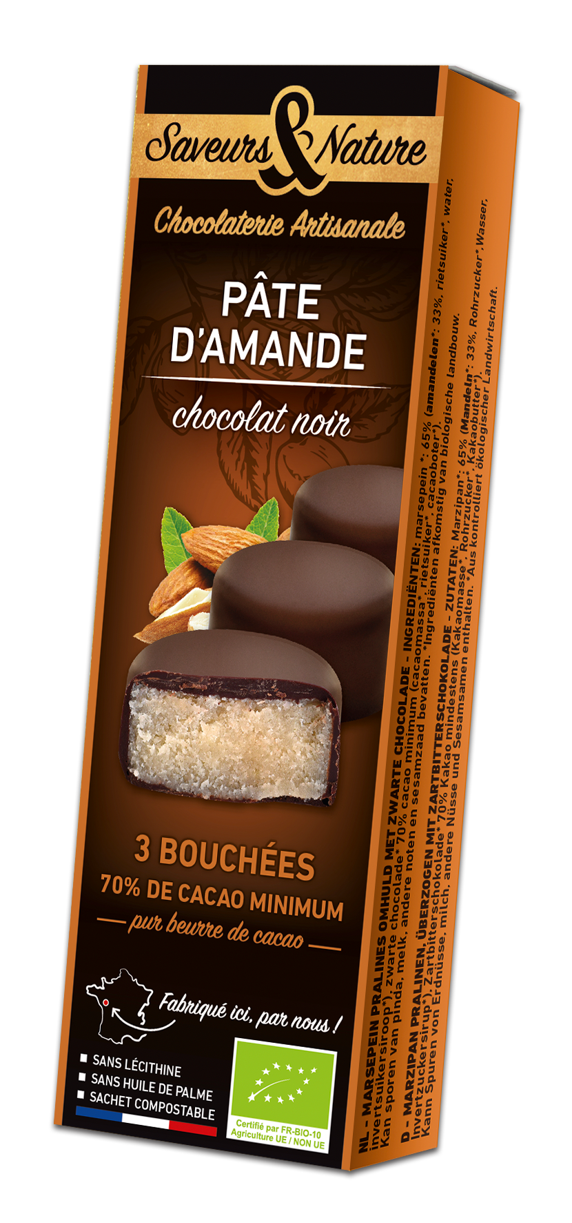 Saveurs & Nature -- Bouchées amandines pâte d'amande enrobée de chocolat noir 70% de cacao  x 10